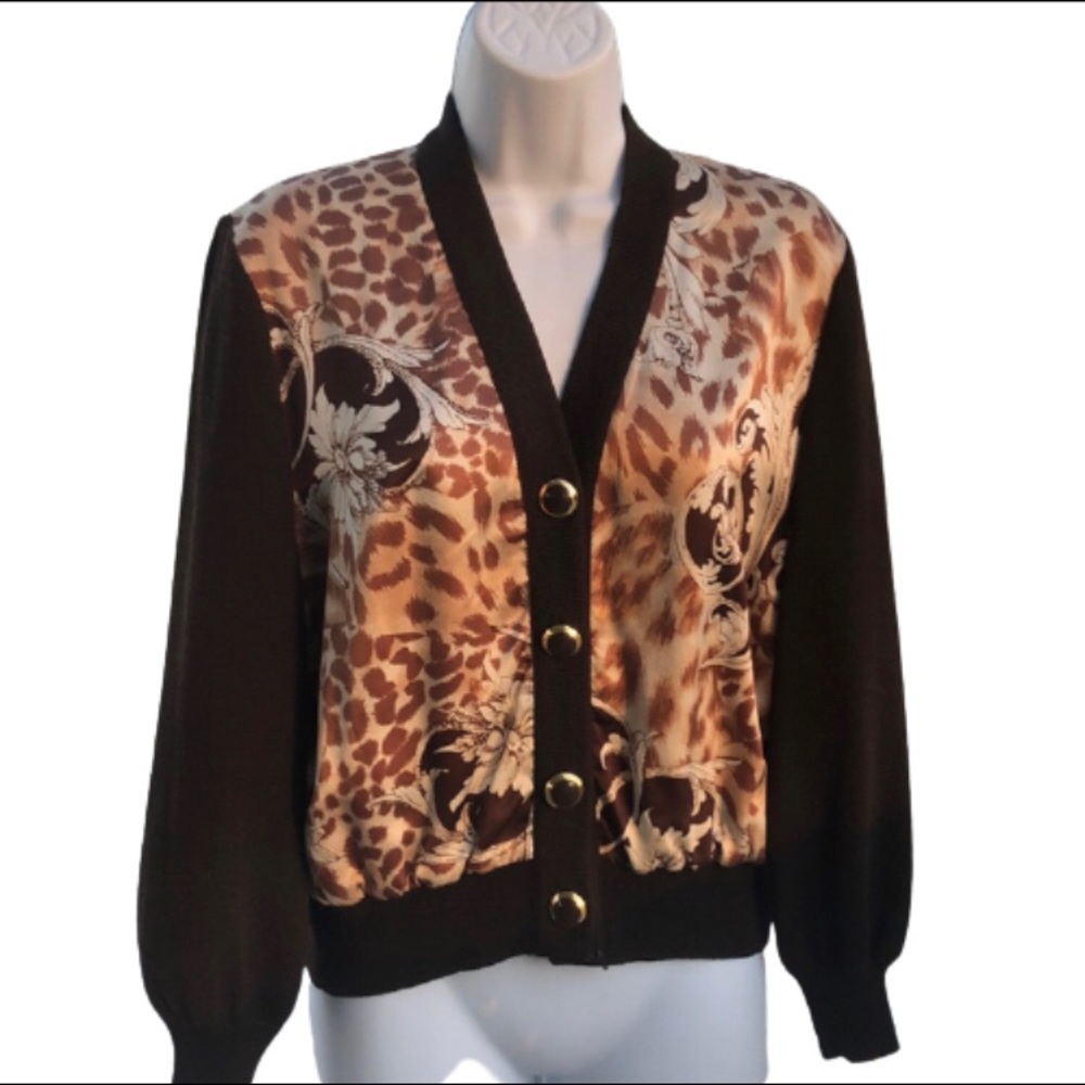 ST JOHN leopard pattern w floral design sweater